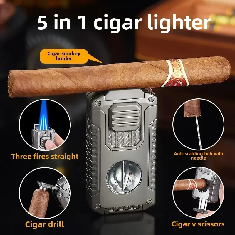 New Deluxe Cigar Lighter with V Shape Knife Cigar Holder Dual Nozzle Flame Butane Refillable Torch Lighter Smoker Gift