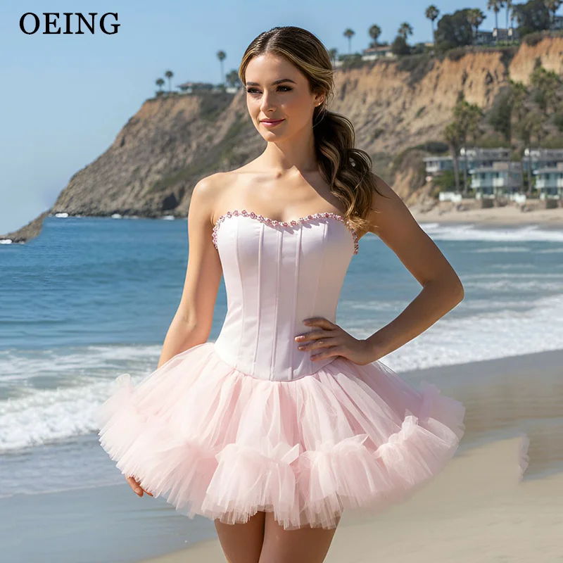

OEING Puffy A-Line Pink Prom Dress Sweetheart Mini Draped Ruffle Beading Party Dresses платье вечернее Customized