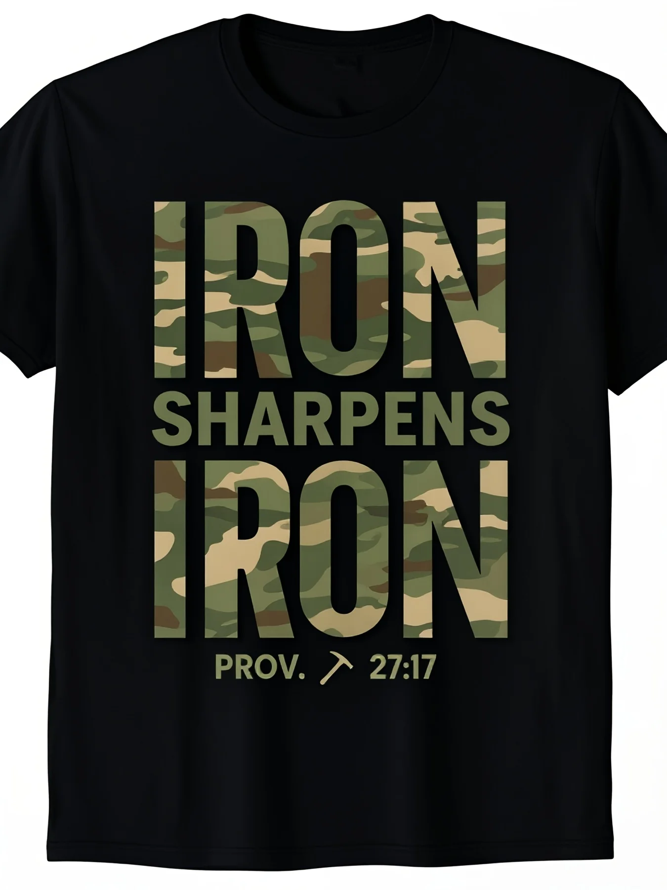 Christian Men's Camo Workout TShirt Featuring The Phrase 'Iron Sharpens Iron' Made from in Black with a Round Neck And Short Sleeves Suitable for Casual Wear in Any Season MachinRetro Casual Short-sleeved T-shirt with a Round Neck and Printed Pattern