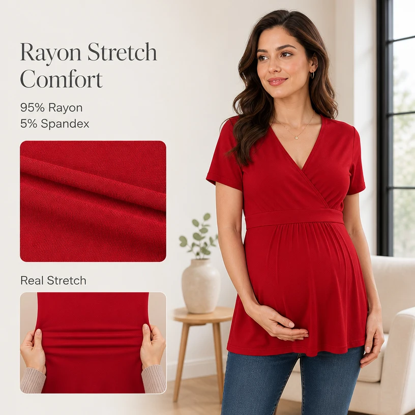 Maternity Nursing Top Short Sleeve Wrap V Neck Hidden Breastfeeding Tee Pleated Empire Waist Soft Rayon Pregnancy Blouse
