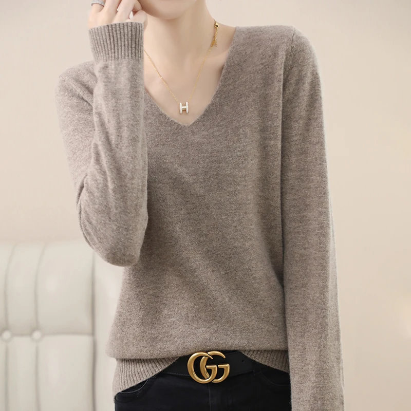 Autumn Winter New Cashmere Sweater Women Solid Color V-neck Pullovers Knitting Sweater Fashion Korean Long Sleeve Loose Tops