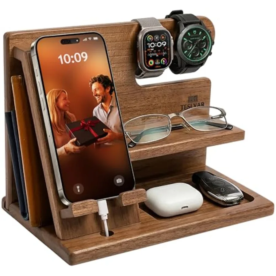 Wood Phone Docking Station for Men - Desktop or Nightstand Organizer - Birthday Gifts for Men, Dad - Anniversary Idea from Wife