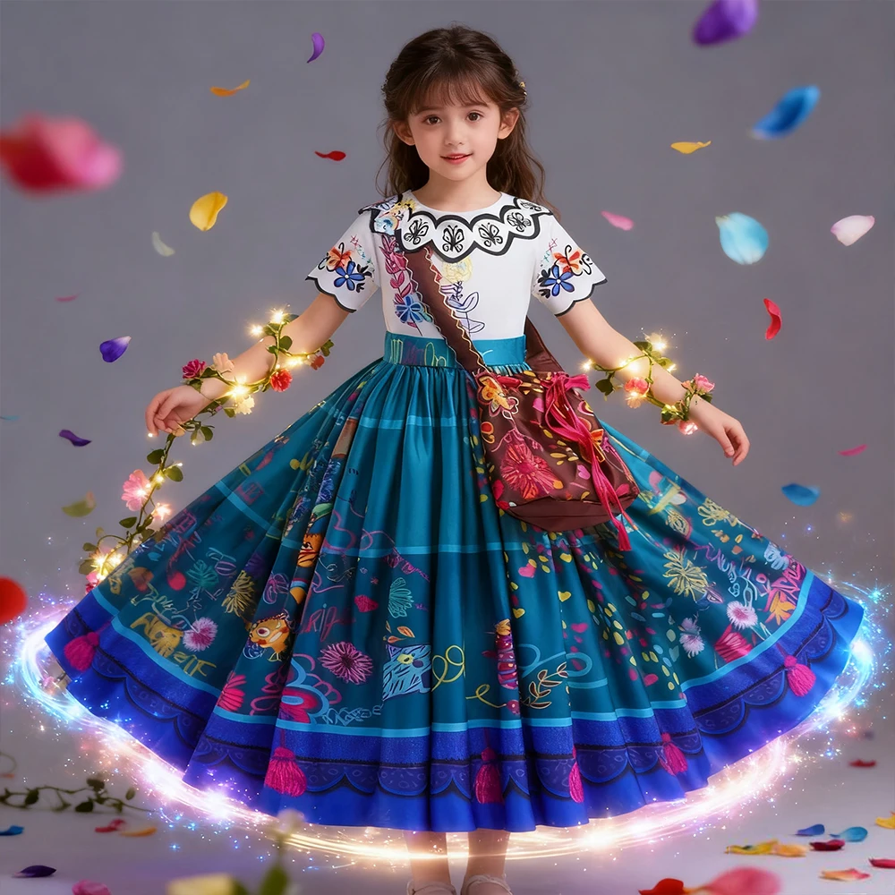 Kinder Halloween Kostüm Cartoon Mirabel Cosplay Kleid Mit Tasche Karneval Mädchen Party Kleider Blumen Druck Mädchen Prinzessin Kleid