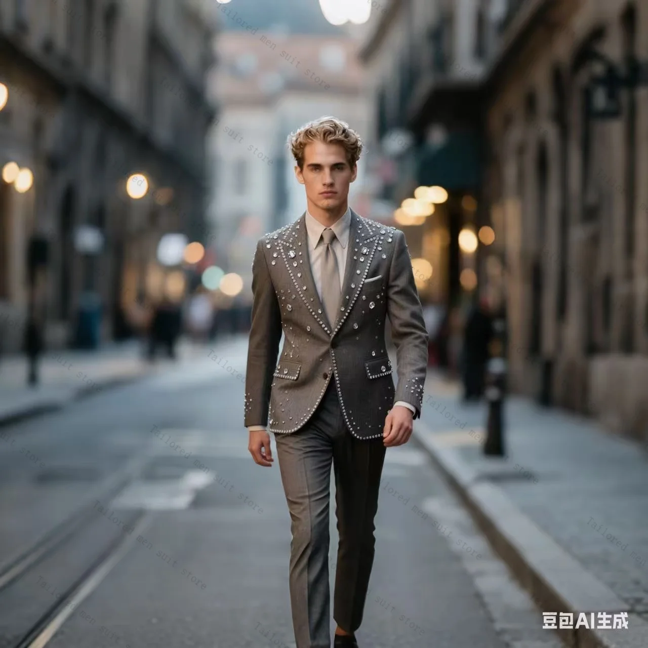 

Grey Crystals Men Suits Set 2 Pieces Blazer+Pants Trousers Groom Wedding Tuxedos Jacket Formal Office Cotton Customized Coat