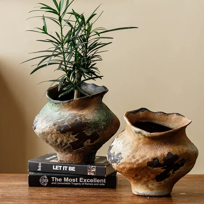 Vintage Rusty Mottled Ceramic Vase, Flowerpot, Countertop Flower Arrangement, Zen Style Coarse Pottery Jar, Home Decoration