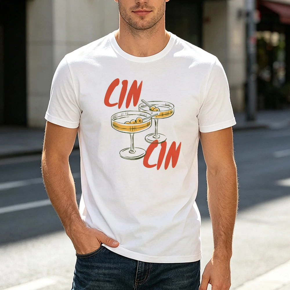 Retro Gin Cocktail Glass Illustration Men T Shirt Summer Bar Mixology Theme Tee Vintage Drink Print Casual Nightlife Party Tops