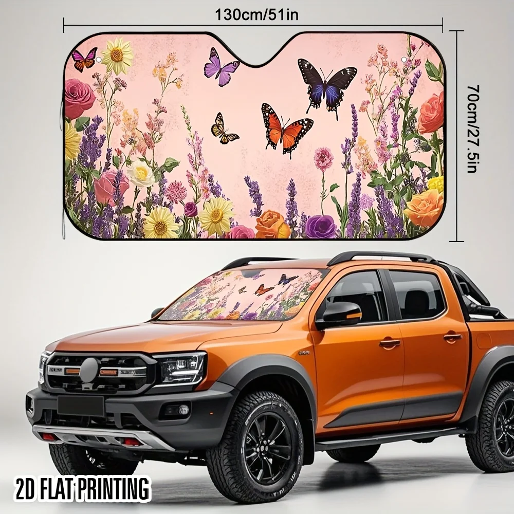 1pc 2D Flat Spring Butterfly Feast Print Car Sunshade – Keep Your Car Cool & Stylish, Includes 4 Suction Cups, Foldable & Easy T
