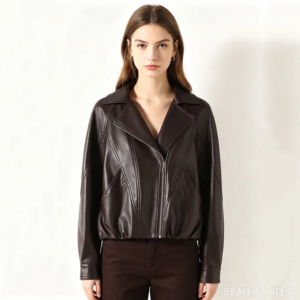New Women Loose Split Leather Jacket Spring Autumn Fashion Turn-down Collar Motorcycle style Leather Jacket Casual Daily Coat