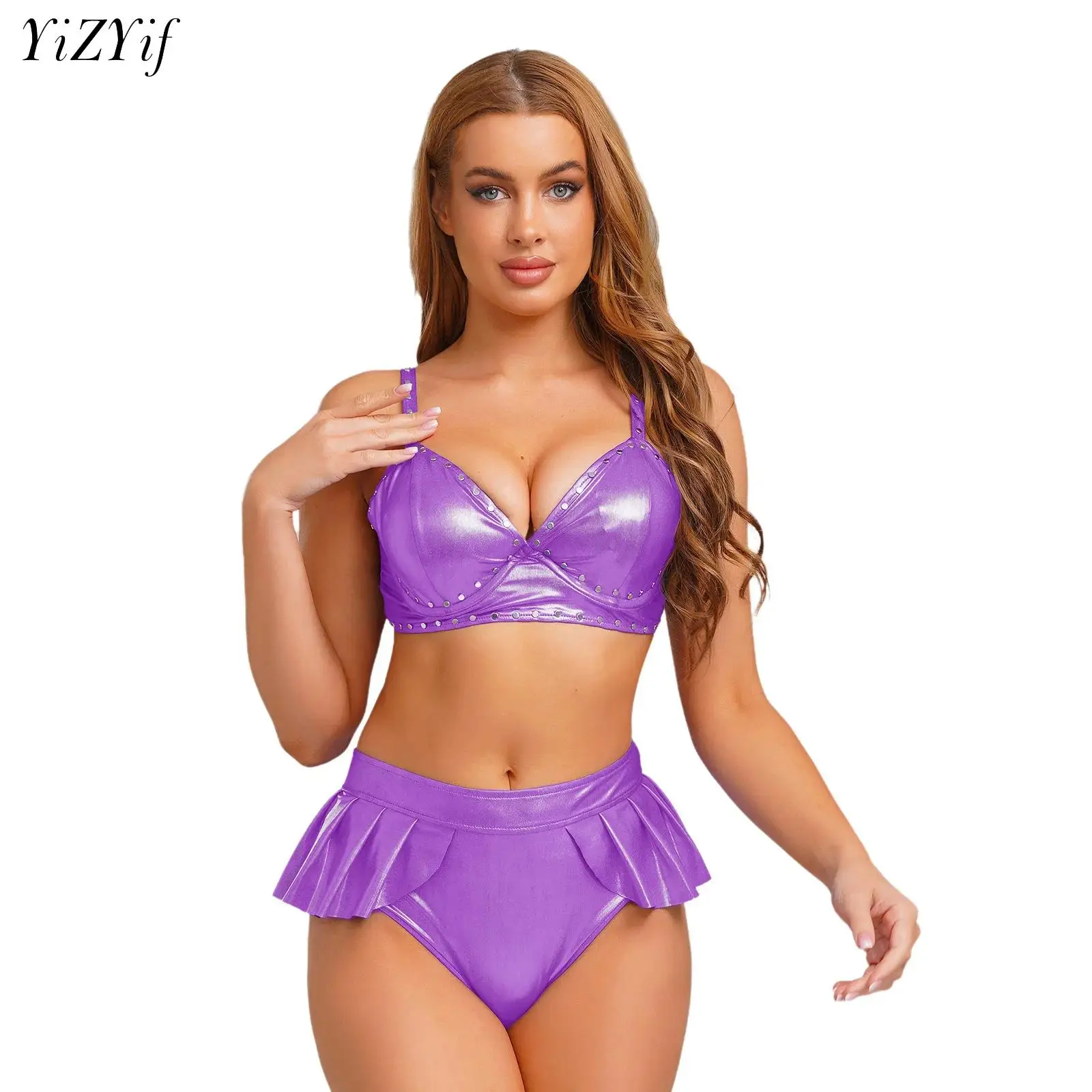 

Metallic Two Piece Set Crop Top + Ruffle Shorts Nightclub Shiny Rave Outfit Party Pole Dance Costume Sexy Exotic Dance Wear 2025