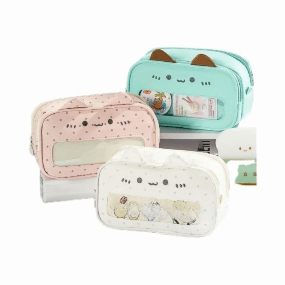 Cat Ear Design Pencil Case Large Capacity Polka Dot Pen Bag Transparent Window See-Through Front Pencil Bags Back To School