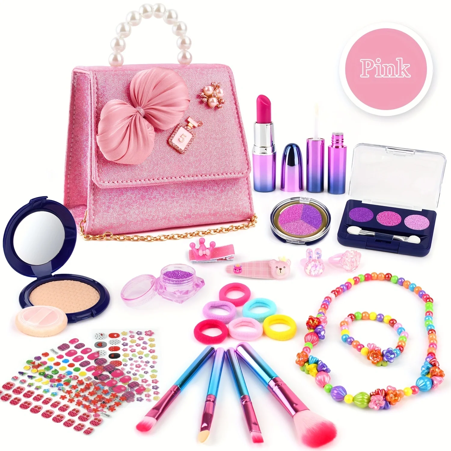 Conjunto de brinquedos de maquiagem lavável rosa de 28 peças para meninas com bolsa de amarração, kit de beleza cosmética para meninas, inclui pó prensado