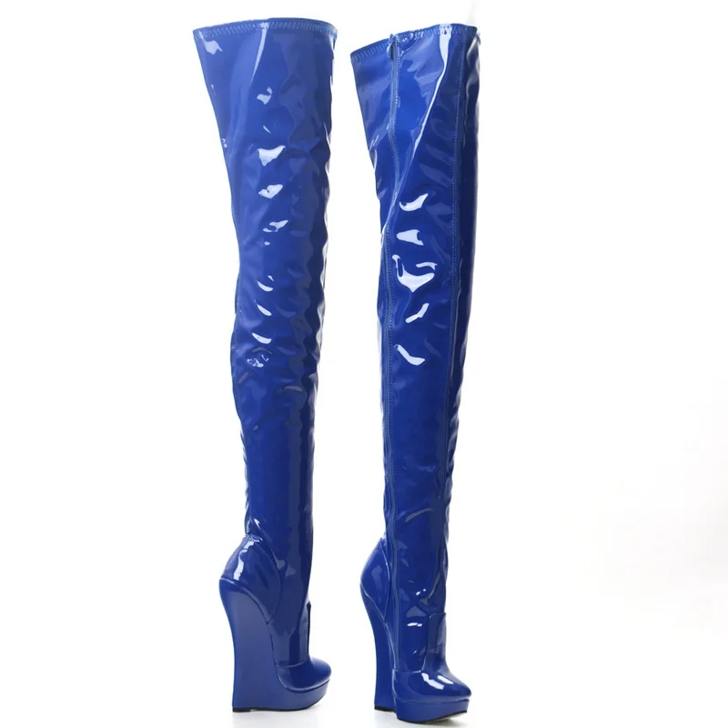 18CM Women Wedges Thigh High Boots,Stage Show Platform Booties,Men Cosplay Shoes Long Botas,Black,Red,Blue,Customized Colors