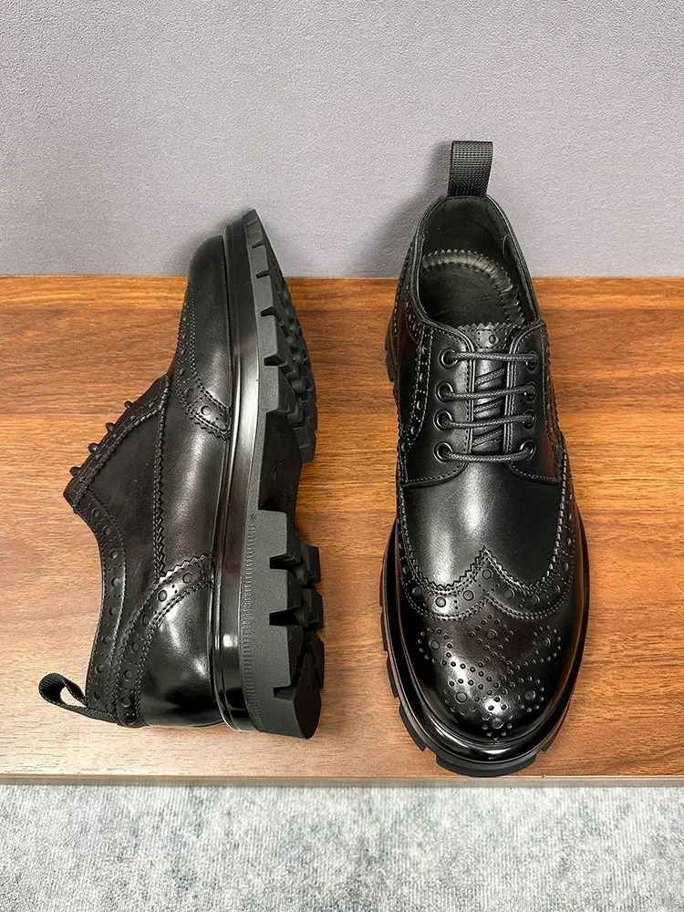 

2025 Men's Formal Leather Shoes Round Head Thick Sole British Style Big Head Leather Shoes