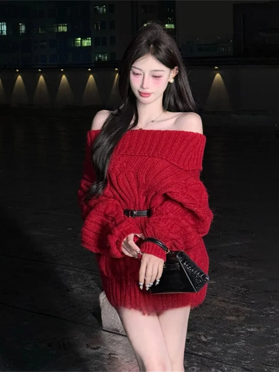 

Cisas, Новый год, красная Аосфера, длинный вязаный свитер на одно плечо, элитная внутренняя одежда, уличная женская осень-зима
