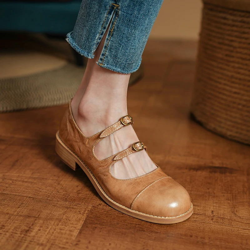 

Women Retro Mary Janes Thick Heeled Simple Shoes Cowhide Spring Autumn Vintage Flats French Style Buckle Footwear