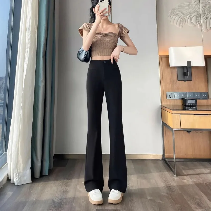 Women White High Waist Stretch Flared Suit Pants Draping Slim Fit Elegant Casual Trousers Spring Summer Breathable Pants