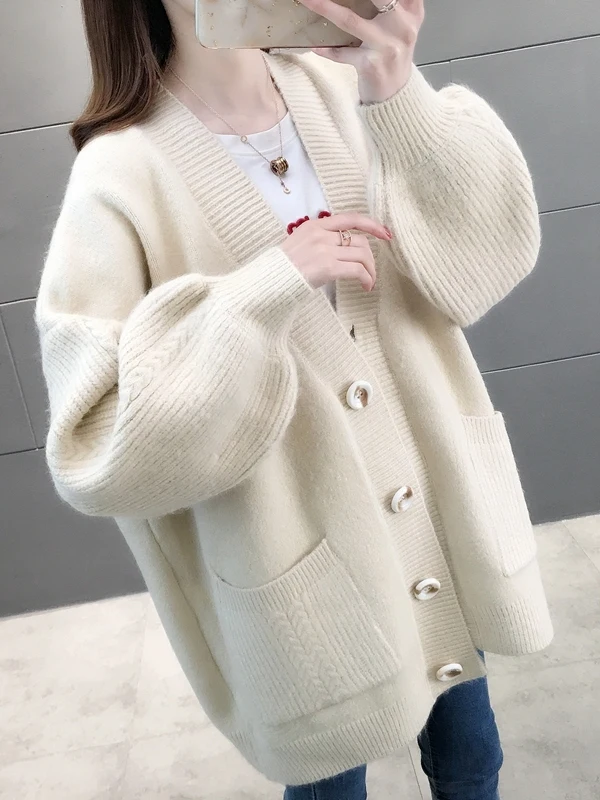 Morbido vento V-Ne lavorato a maglia cardigan aperto maglione allentato pigro da donna colore Jaet Top Primavera Autunno Inverno Faion