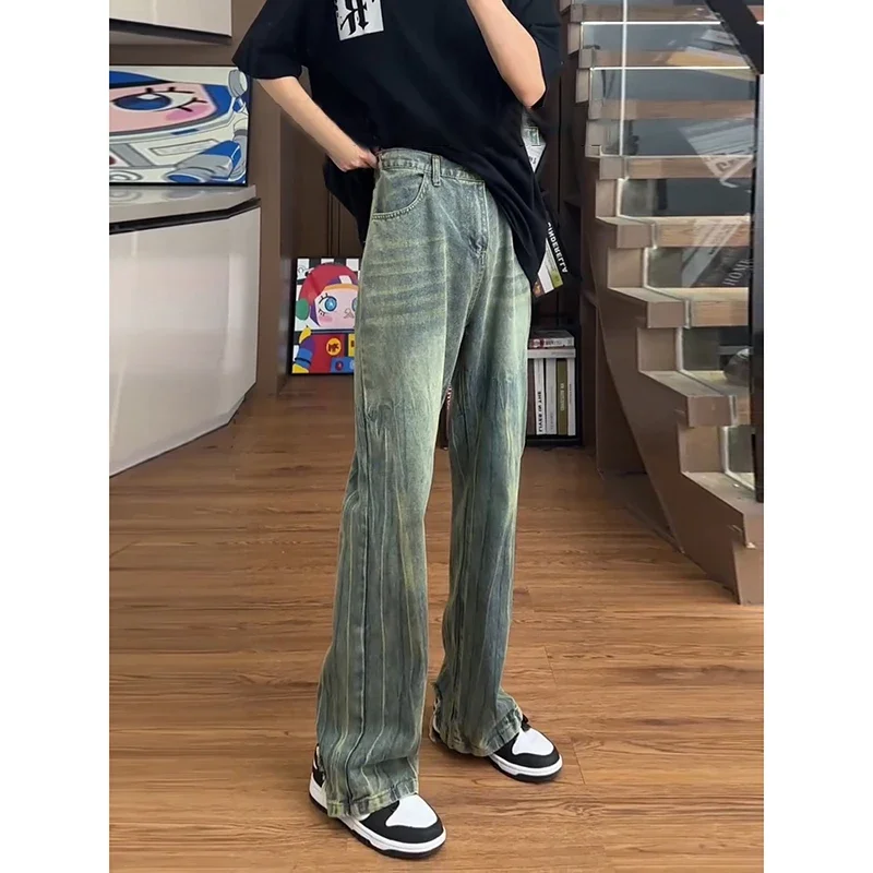 

Джинсы High Street Lazy Style, мужские джинсы градиентного цвета, свободный каблук, дизайн груди, повседневные, универсальные, прямые, широкие, длинные