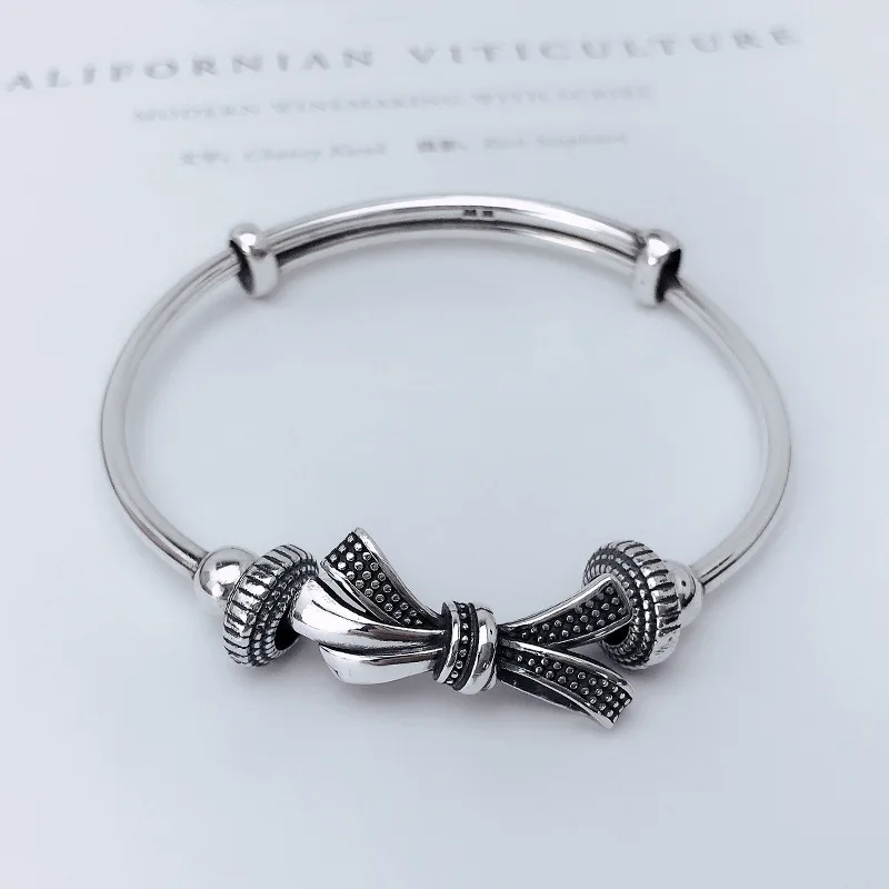 Retro Hip Hop Style bowknot Bracelets for women Fashion New In silver 925 Push Pull bangles Party Jewelry
