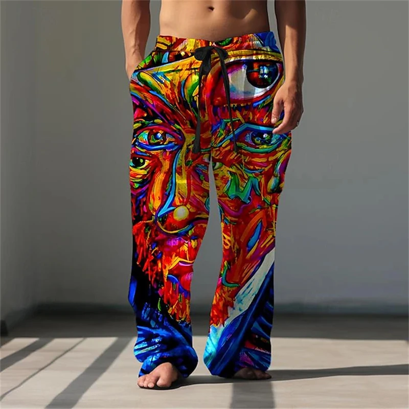 Men's Spring Fall Fashionable Wide-Leg Pants Bohemian-Style Abstract Print Long Pants Loose-Fitting Breathable Casual Pants