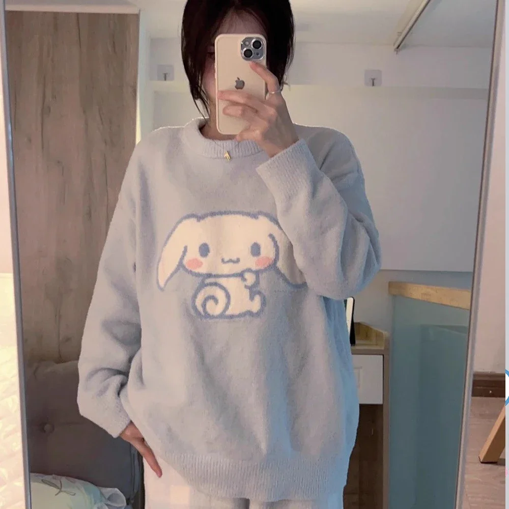 Kawaii Cinnamoroll Pajamas Set Sanrioed Cartoon Women Knitting Plush Homewear Anime Coral Fleece Cute Thickened Girls Tops Pants