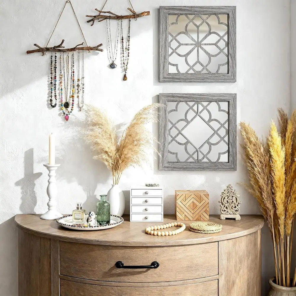 Rustic Set of 2 Square Acrylic Wall Mirrors, 12x12 Inch, Vintage Style, Suitable for Living Room and Bedroom, Brown
