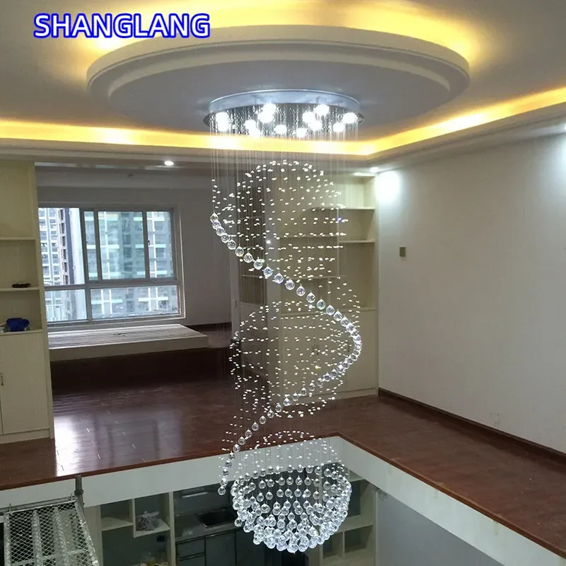 ModernCrystal LED Llight Staircase Home Decor Chandelier Lamp Stylish Hotel Project Villa Hall Long Double Suspension Luminaire