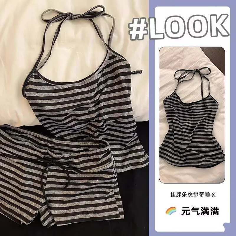 Korean Style Minimalist Casual Cloud Cotton Striped Hanging Neck Collar Set with Chest Cushion for Daily Sleepwear
