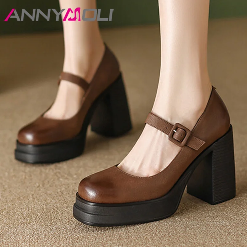 

ANNYMOLI Women Genuine Leather Pumps Platform High Hoof Heels Square Toe Mary Janes Buckle Concise Party Spring Autumn Shoes