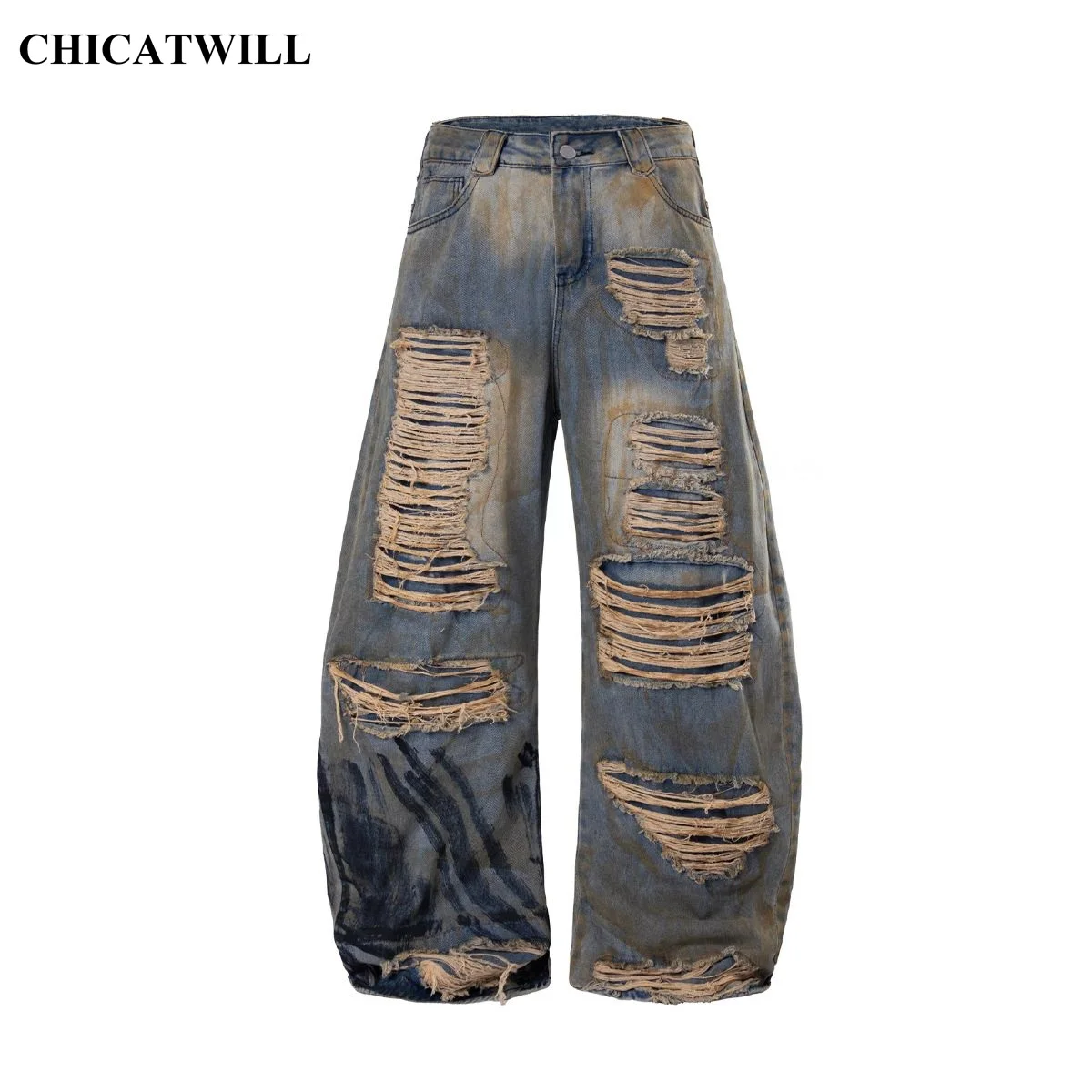 CHIC Retro Destroyed Holes Beggar Baggy Denim Jeans for Men Women Distressed Loose Straight Pants Trendy Casual Trousers Hip Hop