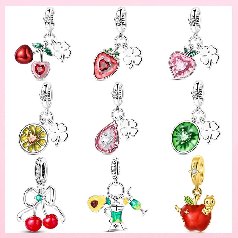 

Fruit Charm 925 Sterling Silver Cherry Four-Leaf Clover Charm Pendant Fit Original Women Bracelet Necklace Fine DIY Jewelry Gift