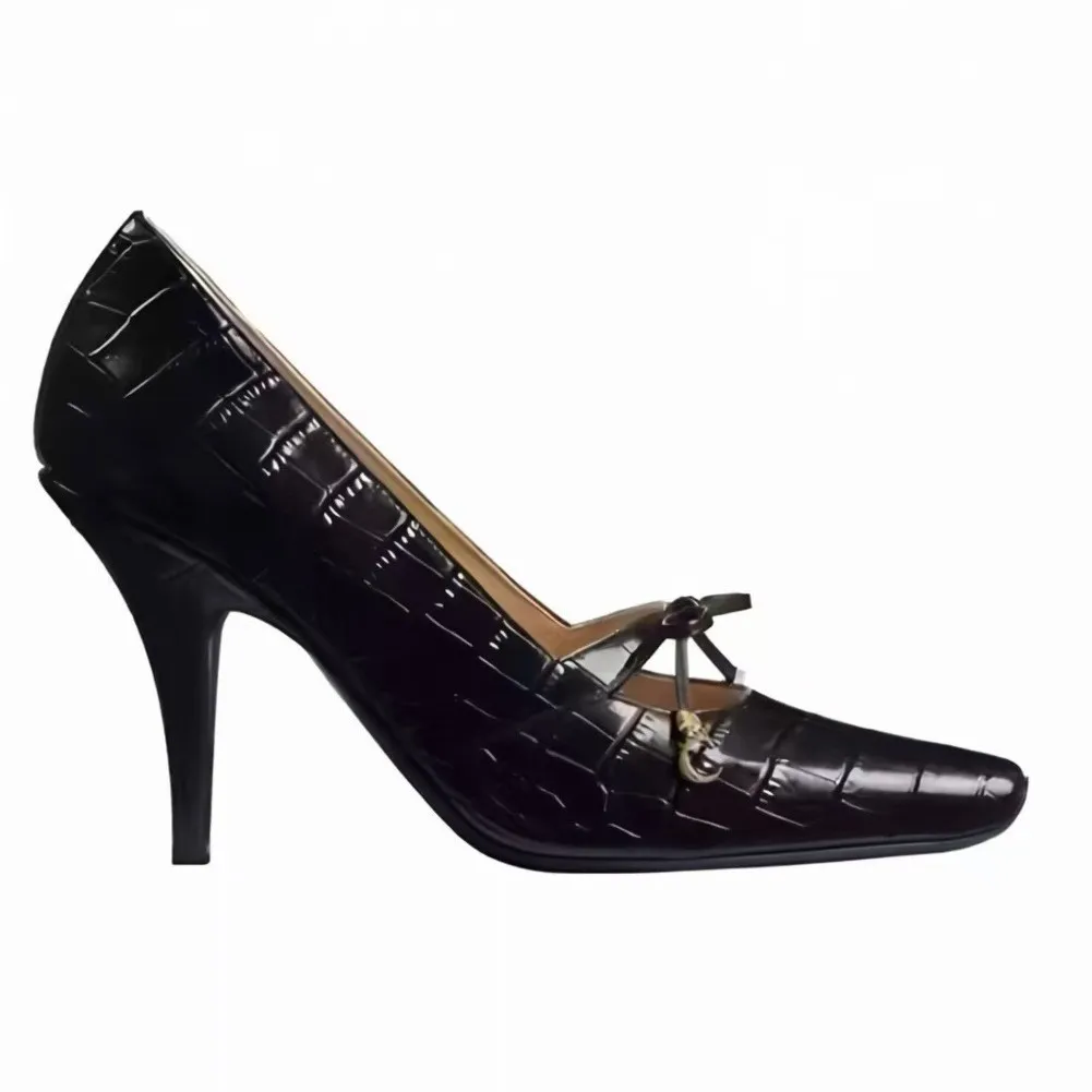 

2026 Spring/Summer New Women's Black Crocodile Patent Leather Square Toe Thin High Heel Pumps Elegant Sophisticated Single Shoes
