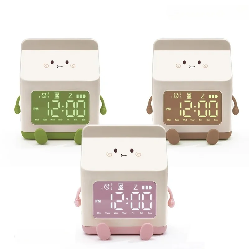 Milk Carton Alarm Clock Multifunctional LED Digital Clock Time Date Week Display Voice Control 3 Alarms Cute Kids Bedside Clock