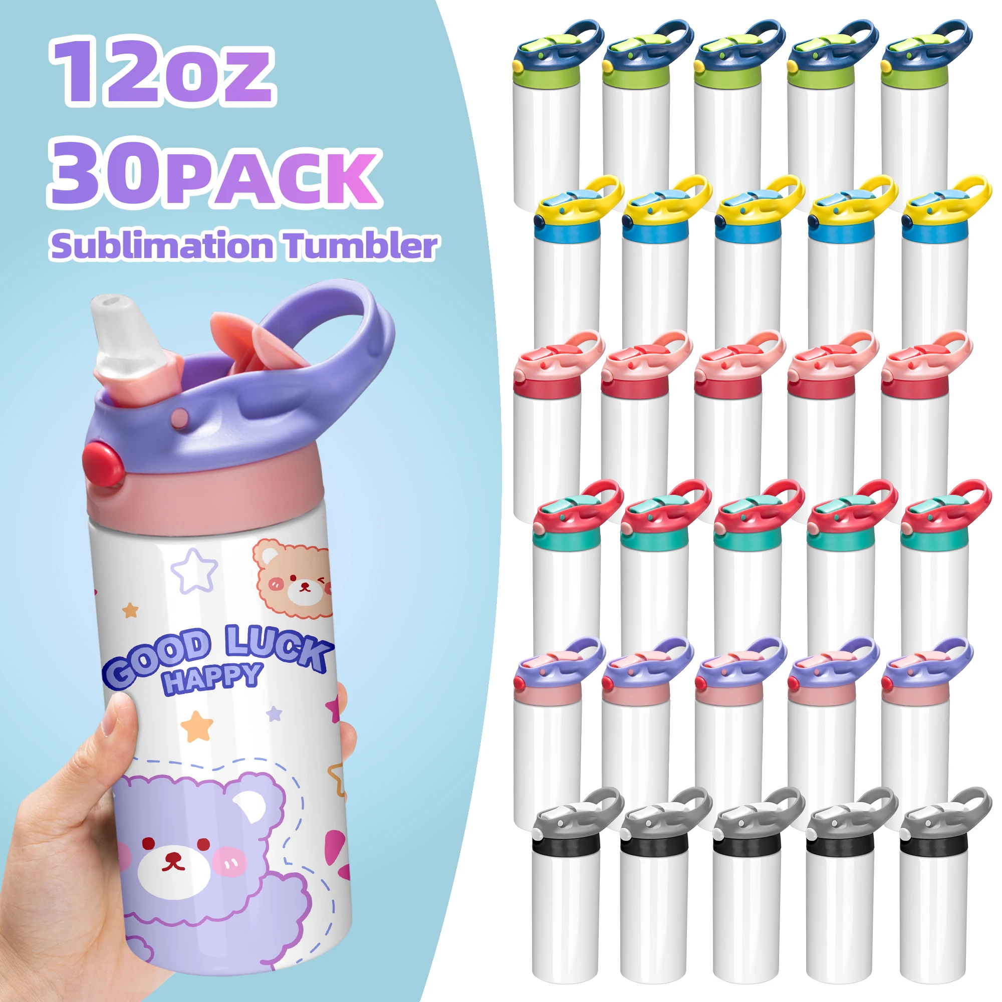 

12/30 Pack 12OZ Sublimation Blanks Children's Cup, Six Hot Selling Colors Flip up Vacuum Flasks&Thermoses, Travel Outdoor