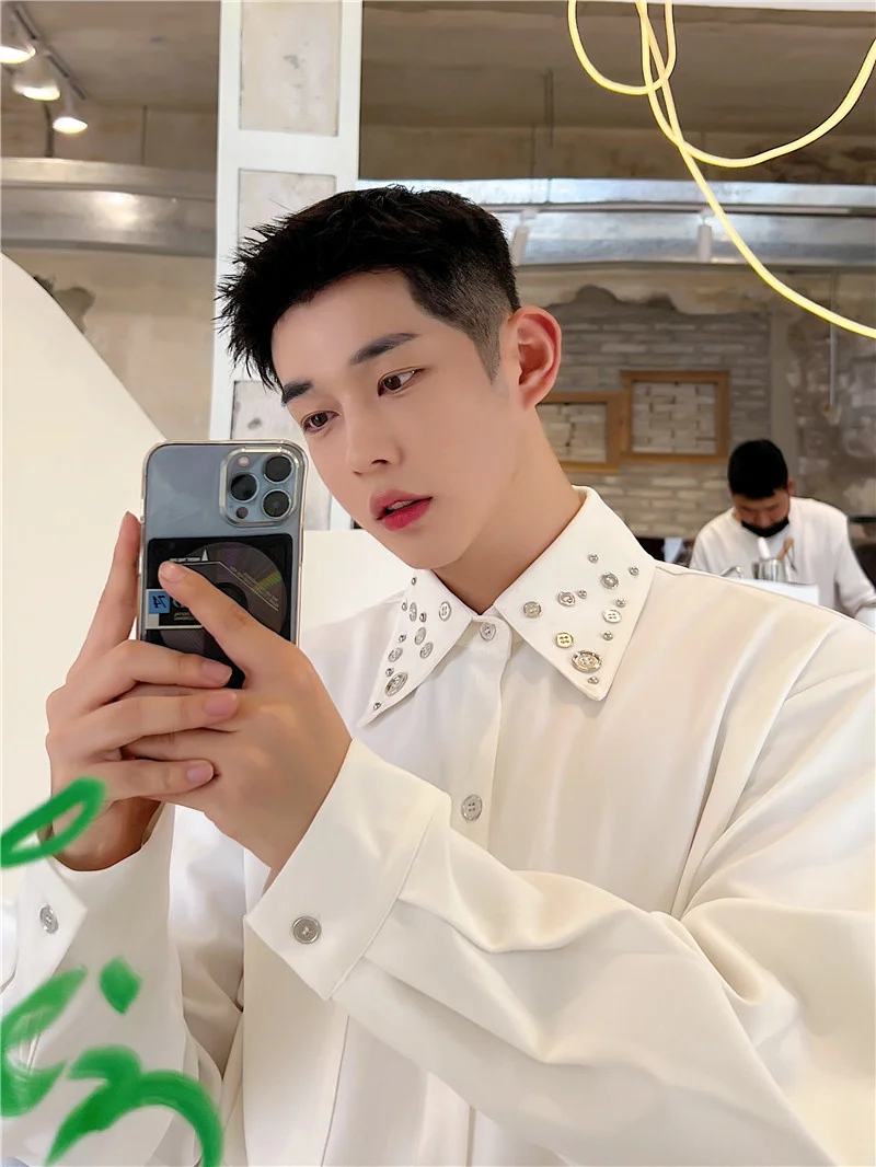 

Pure Men's Shirt Sensation Metal Button Decoration Korean Style Loose Fit Long Sleeve High Quality Casual Shirt