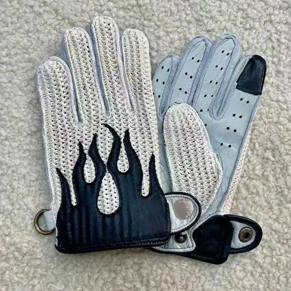 Retro Deer Leather Flame Motorcycle Gloves Mens Four Seasons Knit Holes Cool Thin Unlined Luvas Touch Screen Riding Gym Guantes