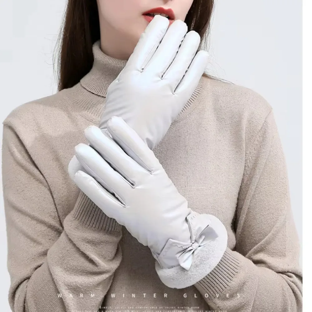 ถุงมือแฟชั่นผูกโบว์สำหรับผู้หญิงให้ความอบอุ่นหน้าจอสัมผัสถุงมืออุ่นถุงมือสกีเงาวาวสำหรับขี่จักรยาน