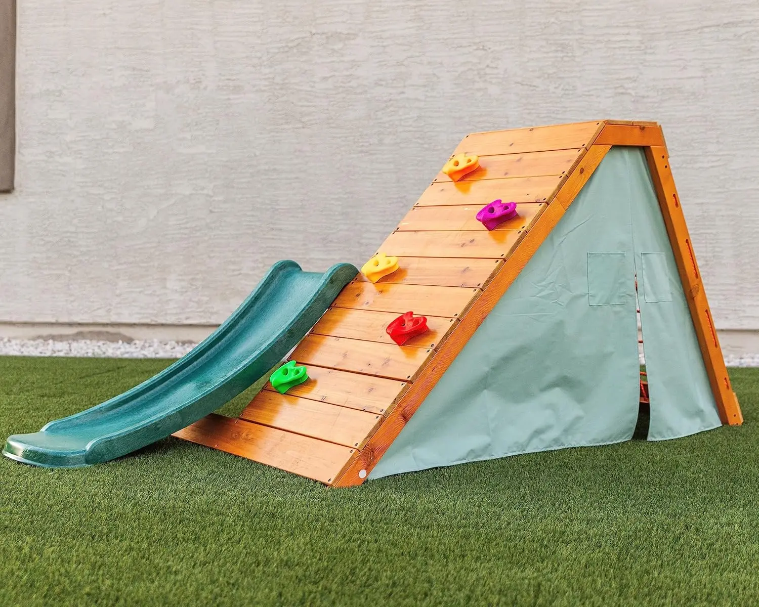 Palmeira ao ar livre e interior playground 5 em 1 quintal playset com escada, parede de rocha, corrediça de 4 pés, tenda forte, jogo estilo montessori