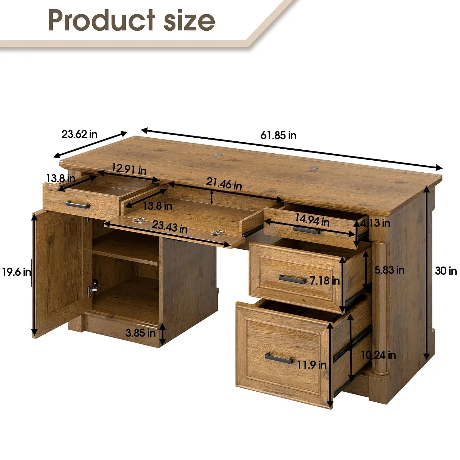 Column Executive Desk 3 Drawers File Drawer Keyboard Tray Cabinet Shelf Door 61.85