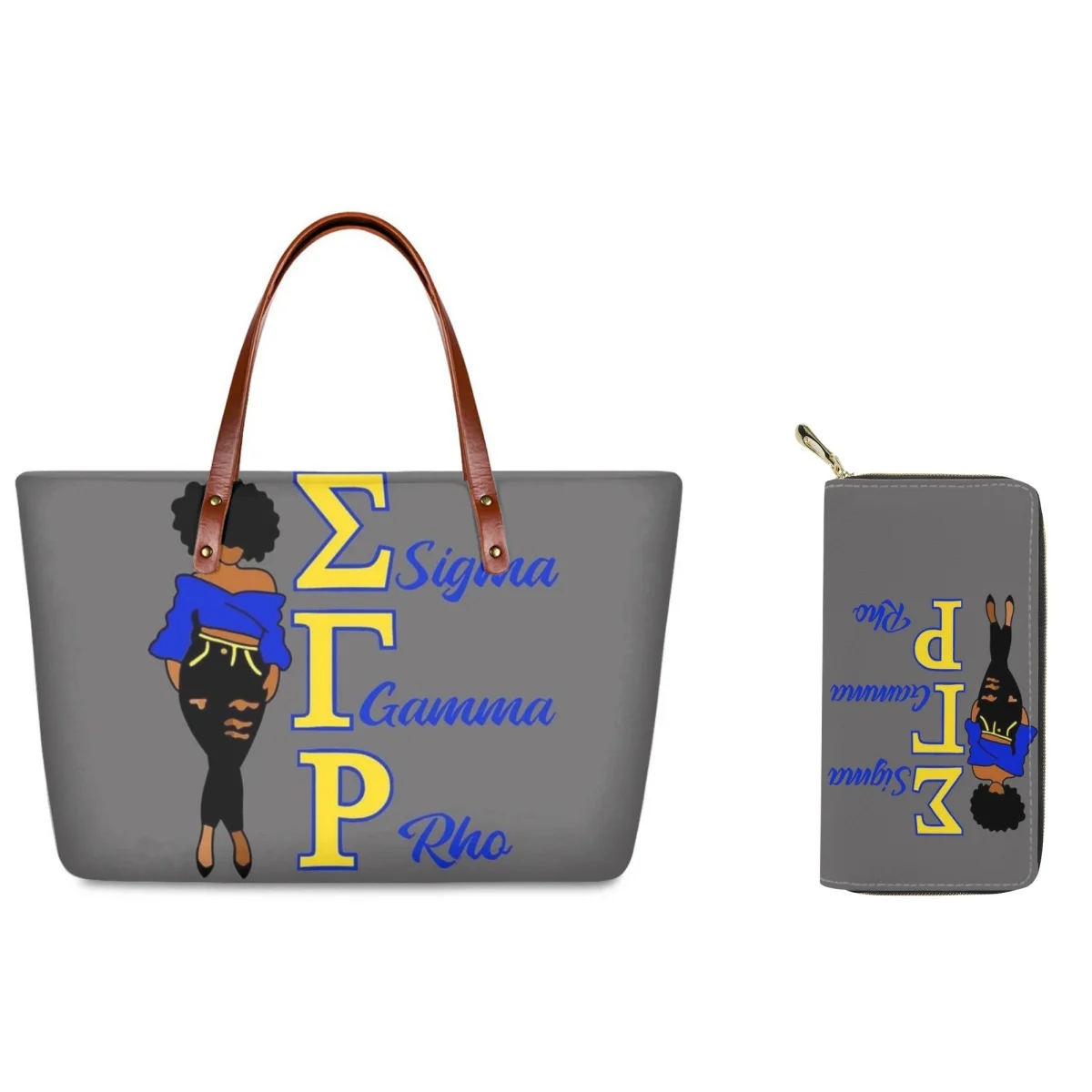 FORUDESIGNS Sigma Gamma Rho 2Pcs/Set Handbag Plus Wallet Cartoon African Girl Design Fashionable Ladies Hand Bag Large Capacity