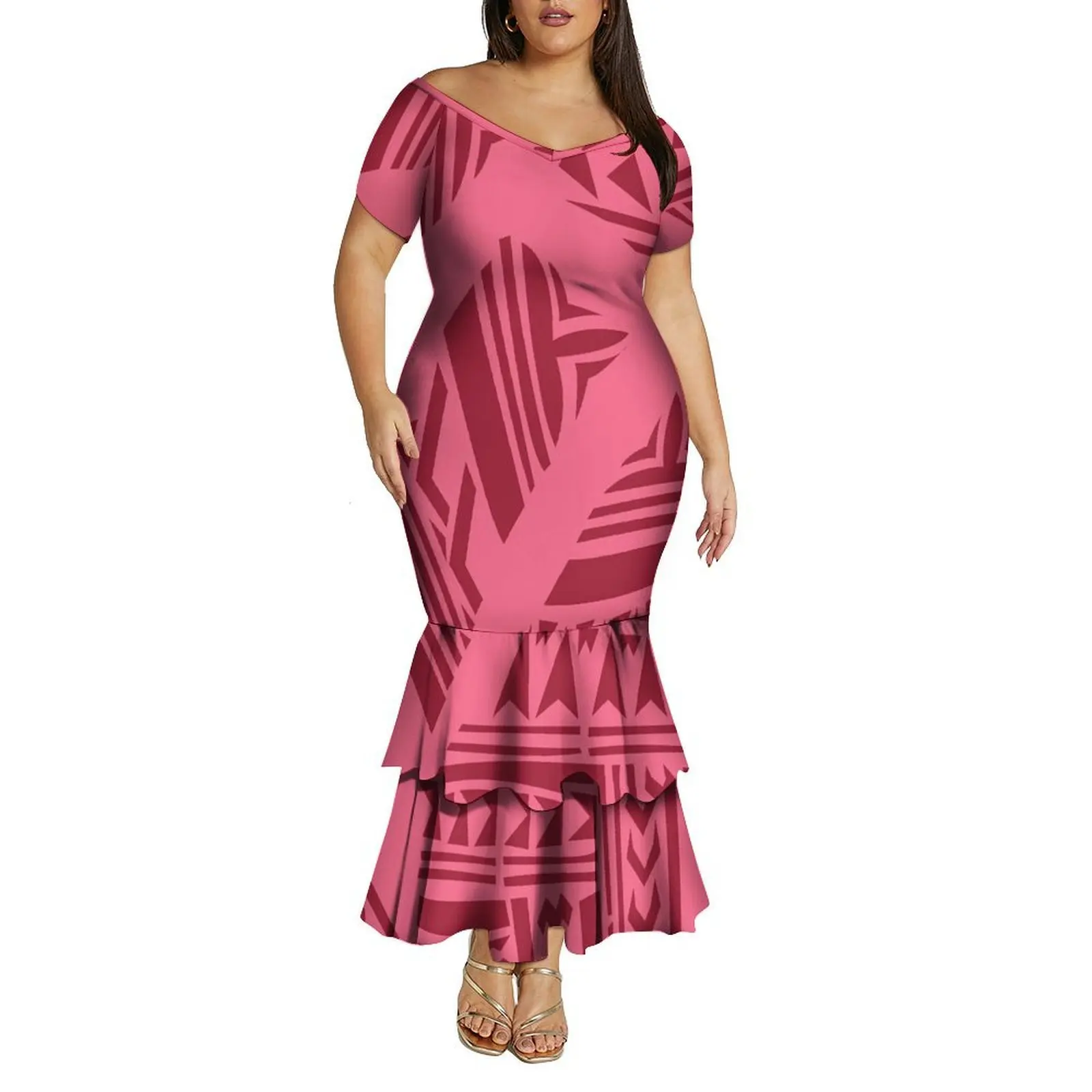 Vestido rabo de peixe de dupla camada elegante com ombro de fora grande decote em V vestido justo feito sob medida para mulheres polinesias