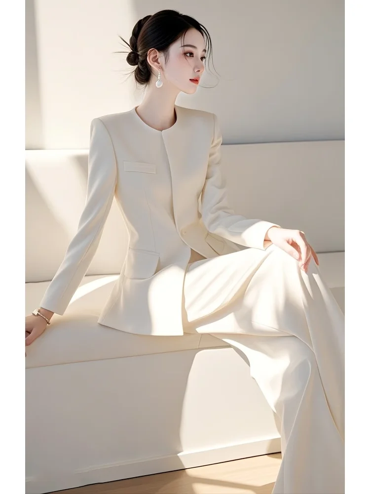 Elegant White Ladies Young Style Pant Suit Women Female Business Work Wear Slim Fit Jacket and Trouser Blazer Suits 2 Piece Set