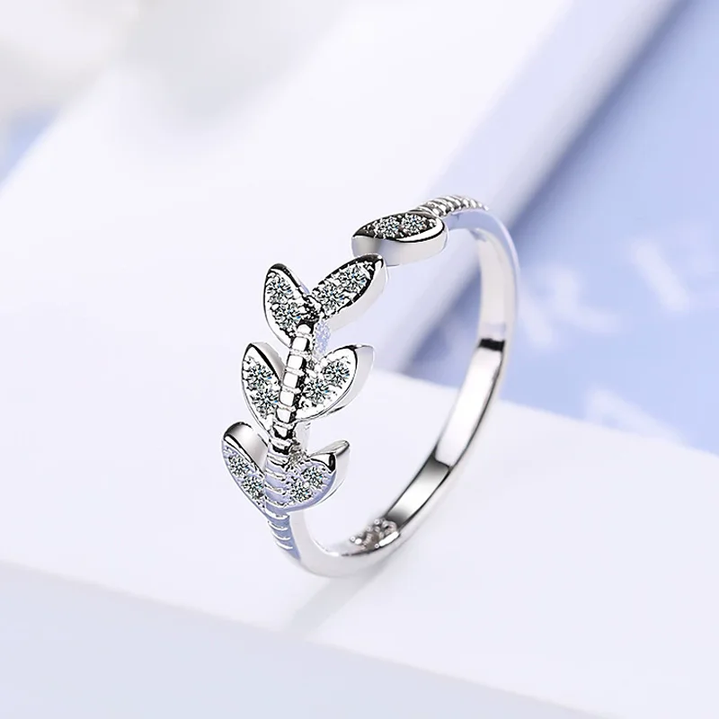 Cute 925 stamp Silver Color Jewelry Olive Leaf Rings for Women Stackable Clear CZ Ring Eternity Band Fine Wedding Jewelry