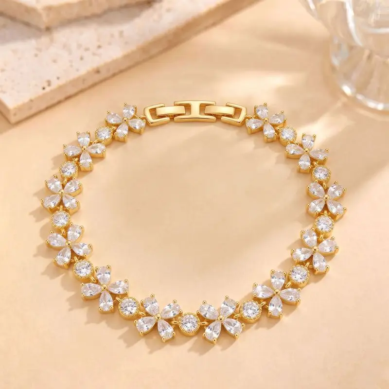 Hot-Selling Mixed-Color Bracelet With Alternating Ice Flower Patterns, Fresh And Elegant Women'S Copper-Inlaid Zircon Bracelet