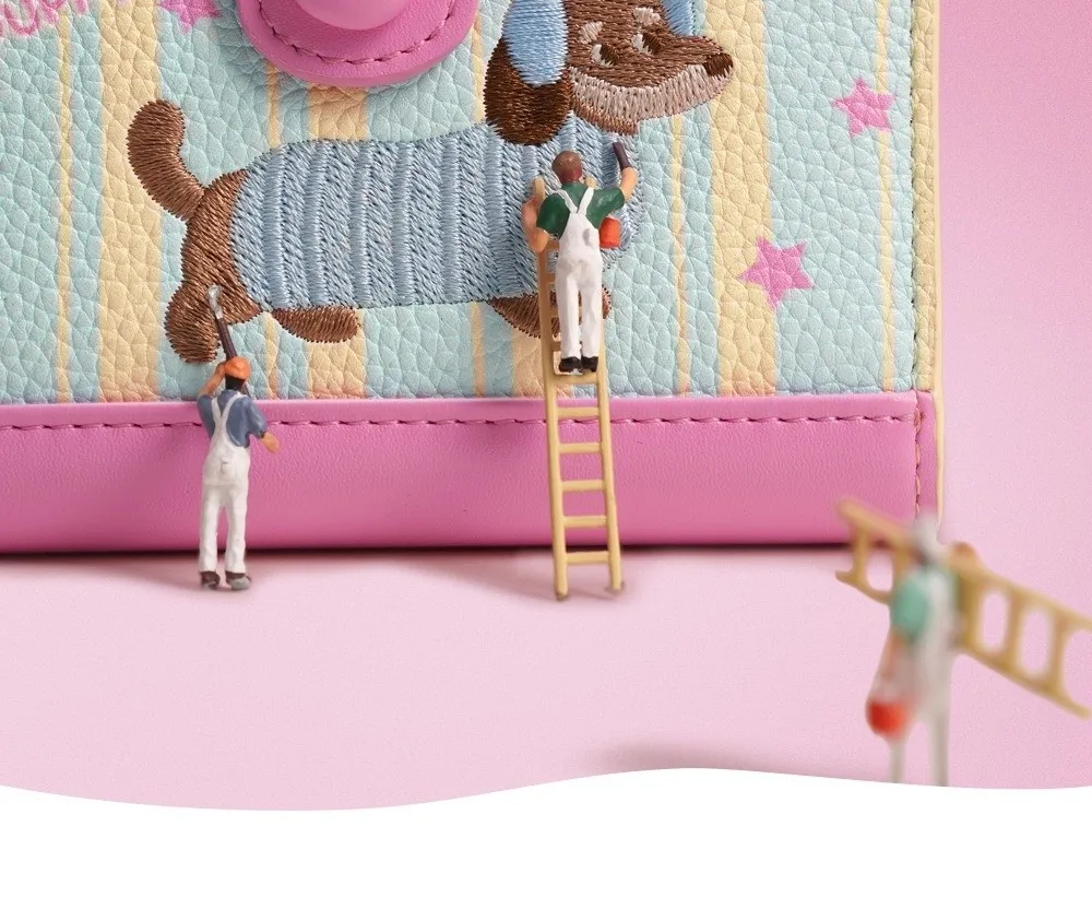 Dachshund Embroidery Short Wallet Dopamine Color Cartoon Dog Card Bag PU Zipper Small Item Bag Women Girl Coin Purses