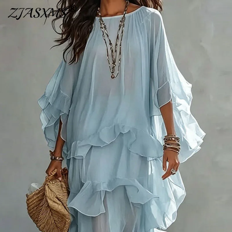 Elegant Multi-Layer Ruffle Maxi Dress Women Round Neck Flared Batwing Sleeve Loose Fit Bohemian Summer Beach Holiday Flowy Dress
