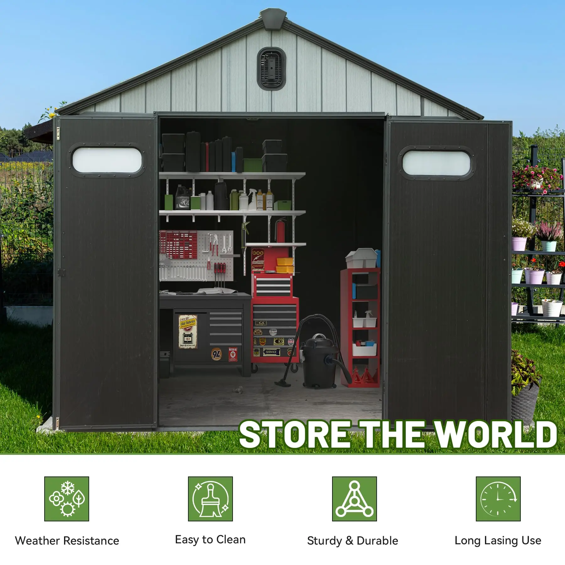 hot sales Outdoor Resin Storage Shed Lockable Door Waterproof Plastic Garden Tool Shed Windows Vents Patio Furniture