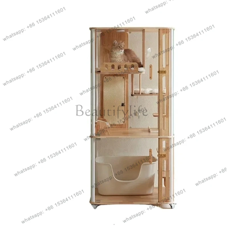 Solid wood panoramic cat villa can put automatic cat litter box tempered glass wooden indoor cat litter