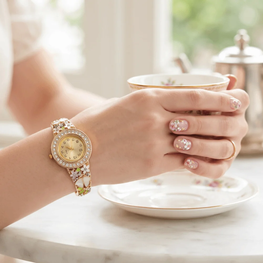 Hollow Quartz Watch Enamel Round Dial Bangle Watch Rhinestone Butterfly Flower Bracelet Watch Valentine's Day