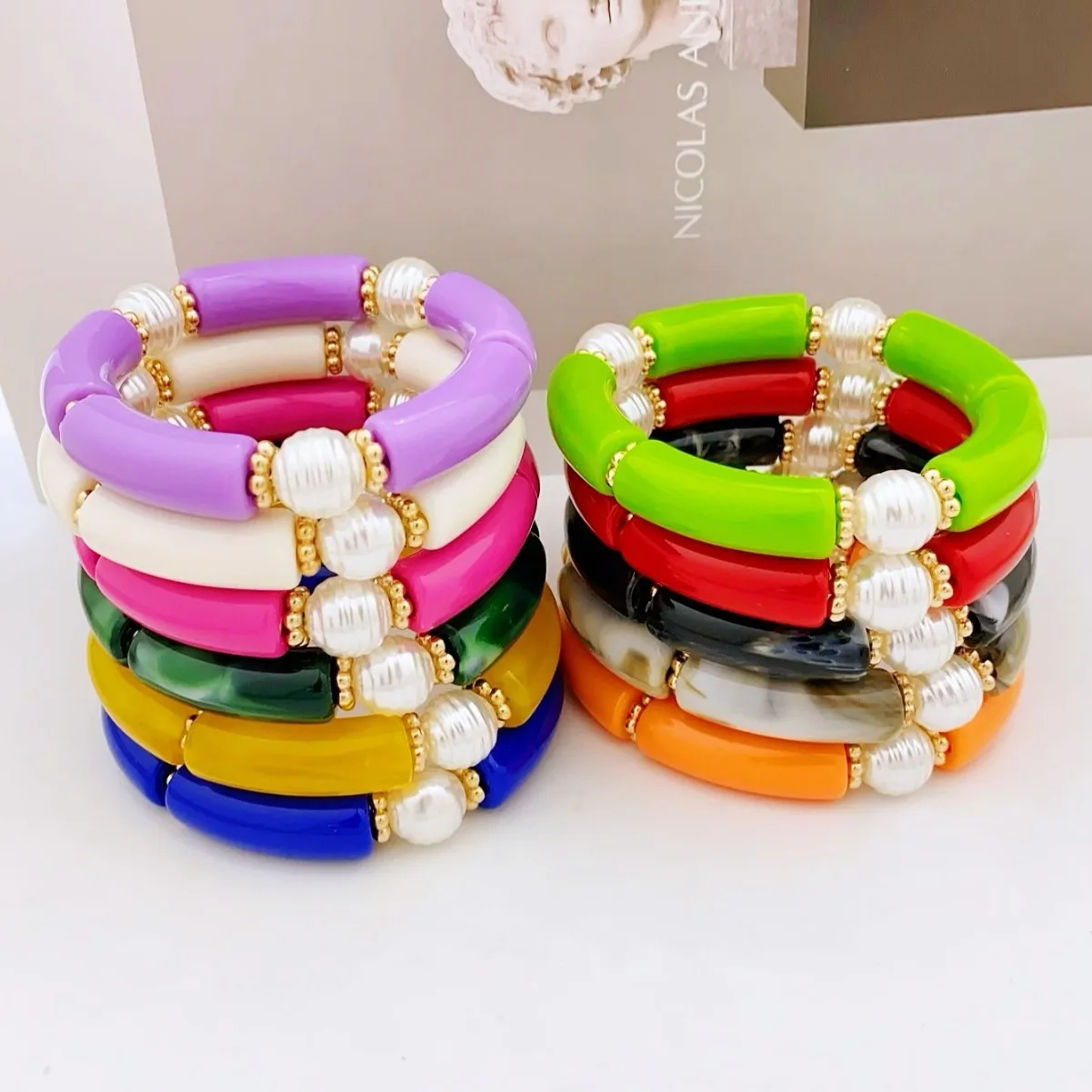 Fashion Acrylic Bracelet Simple Women's Stretch Bangle Beaded Colorful Tube Jewelry